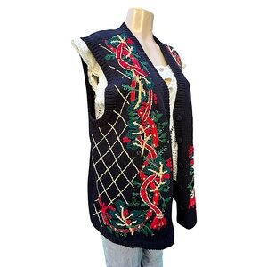 Black, Red and Green Holiday Knitted Vest with Intricate Design Size 2X